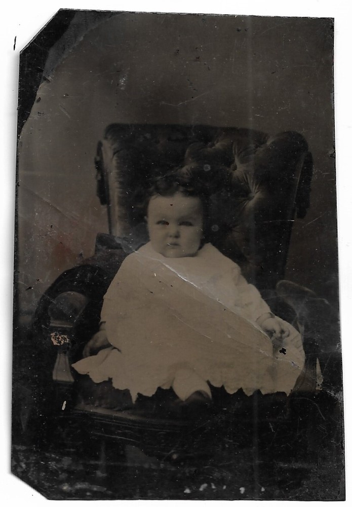Wonderful Victorian Tintype Photograph Wearing White Dress Seated on Chair