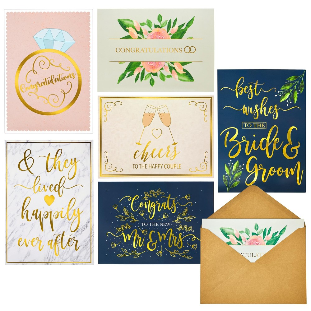 Juvale 24 Pack Wedding Cards for Bride and Groom with Gold Envelopes, Engagem...