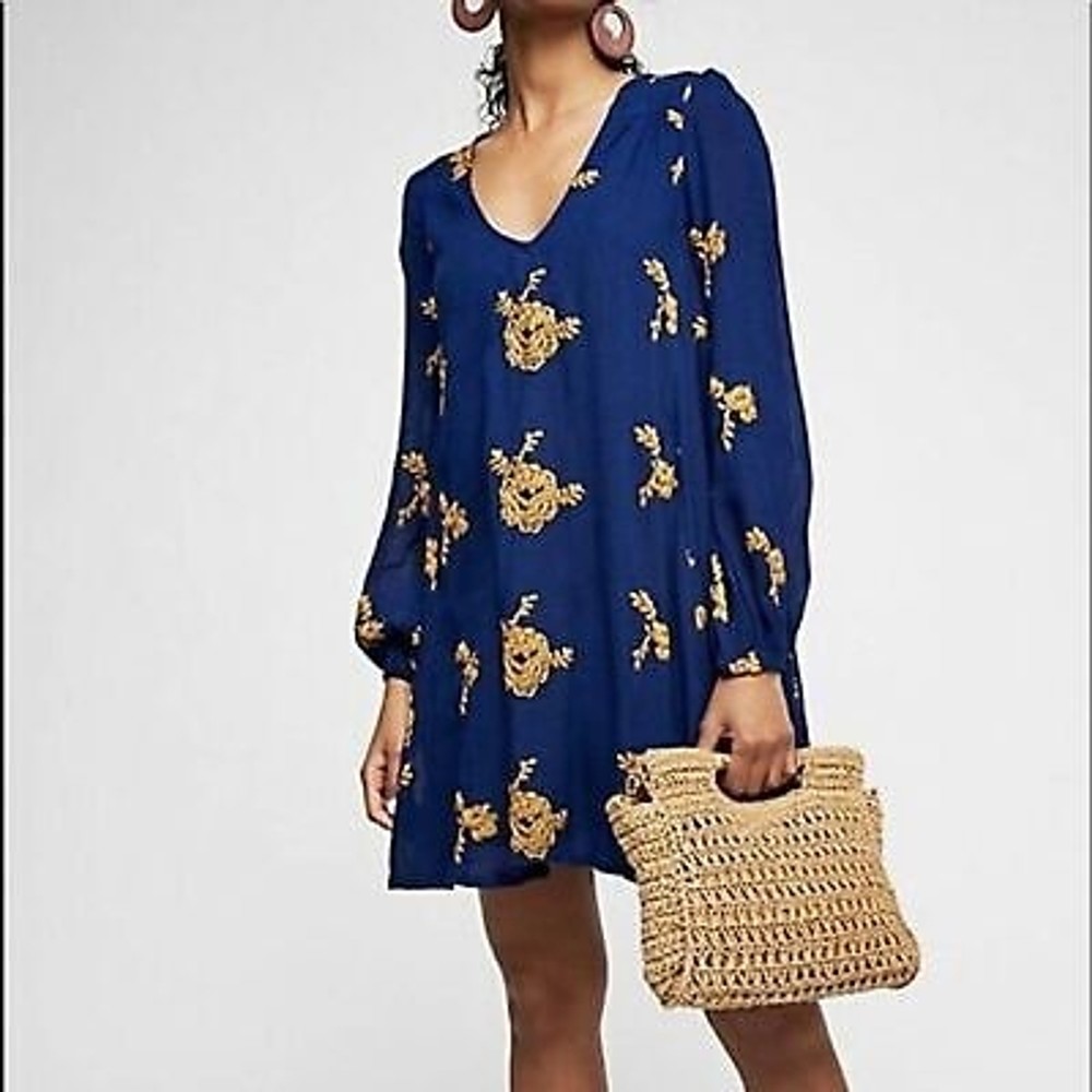 Free People Floral Embroidered Open Back Swing Dress Long Sleeve blue Small