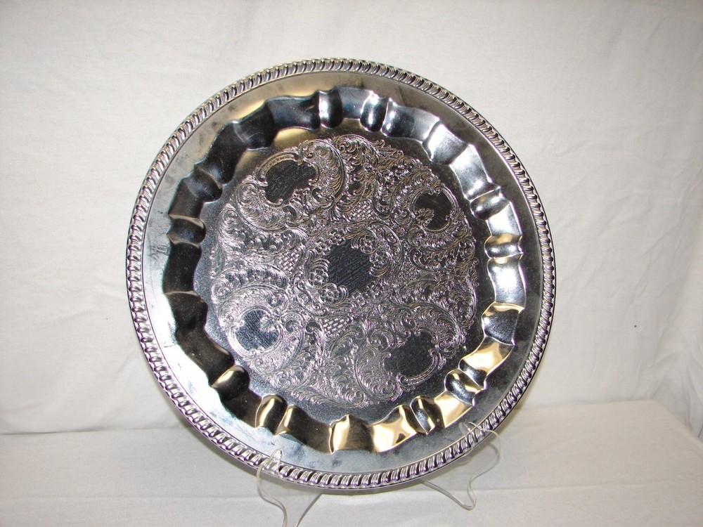 Vintage Hirvinware 15-inch Retro Metal Etched Round Tray
