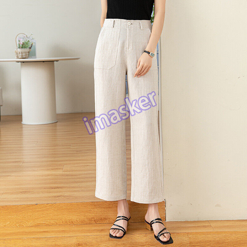 White Wide-leg Pants Women's Straight Casual Elastic Waist Linen Trousers
