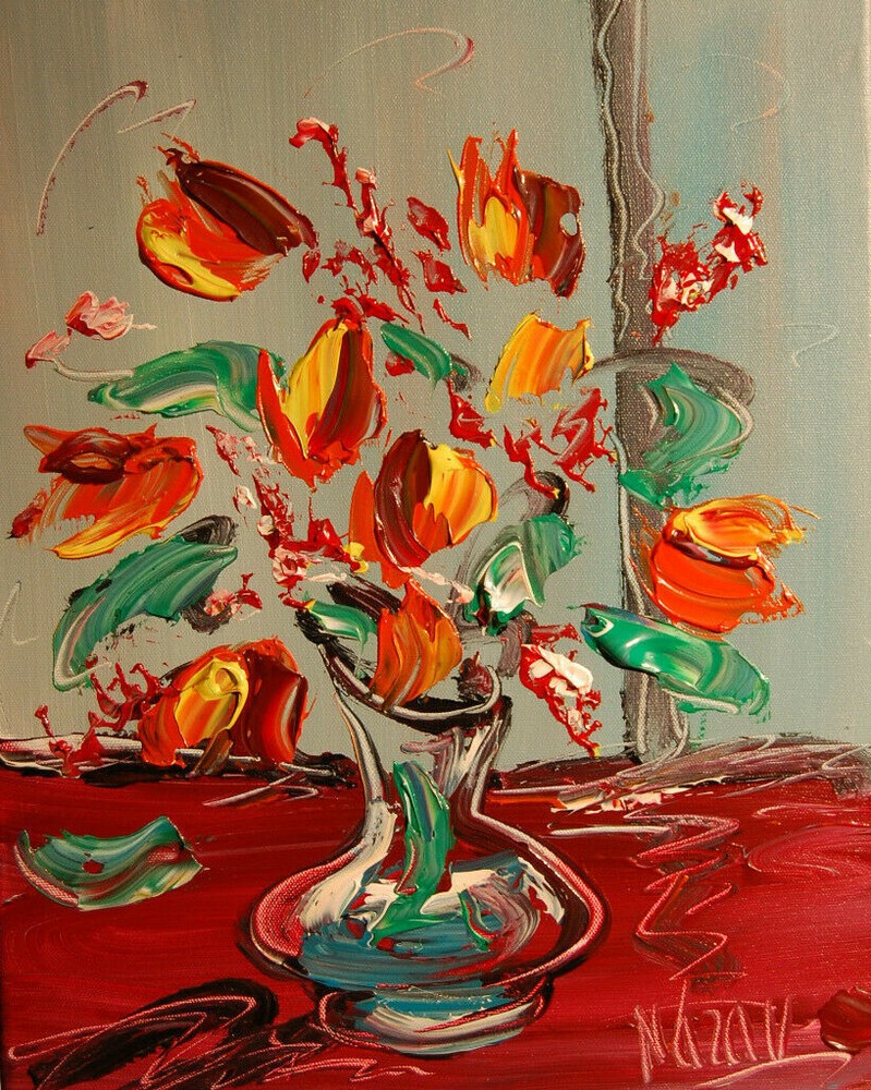 FLOWERS VASE ABSTRACT  FINE ART by Mark Kazav Original Oil Painting WGE6RG