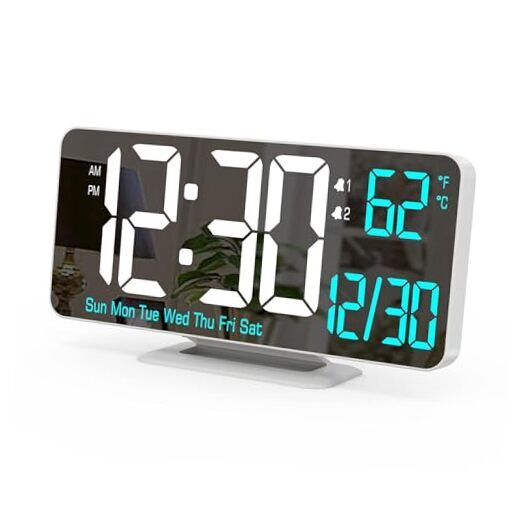 Digital LED Clocks for Bedrooms 6.7in White White Clock(white + Blue Digits)