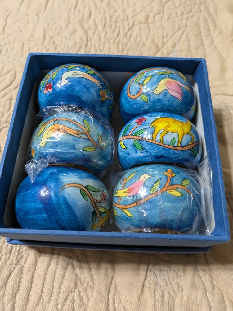 Set Of Six (6) Yair Emanuel Seven Species Lacquered Wooden Napkin Rings