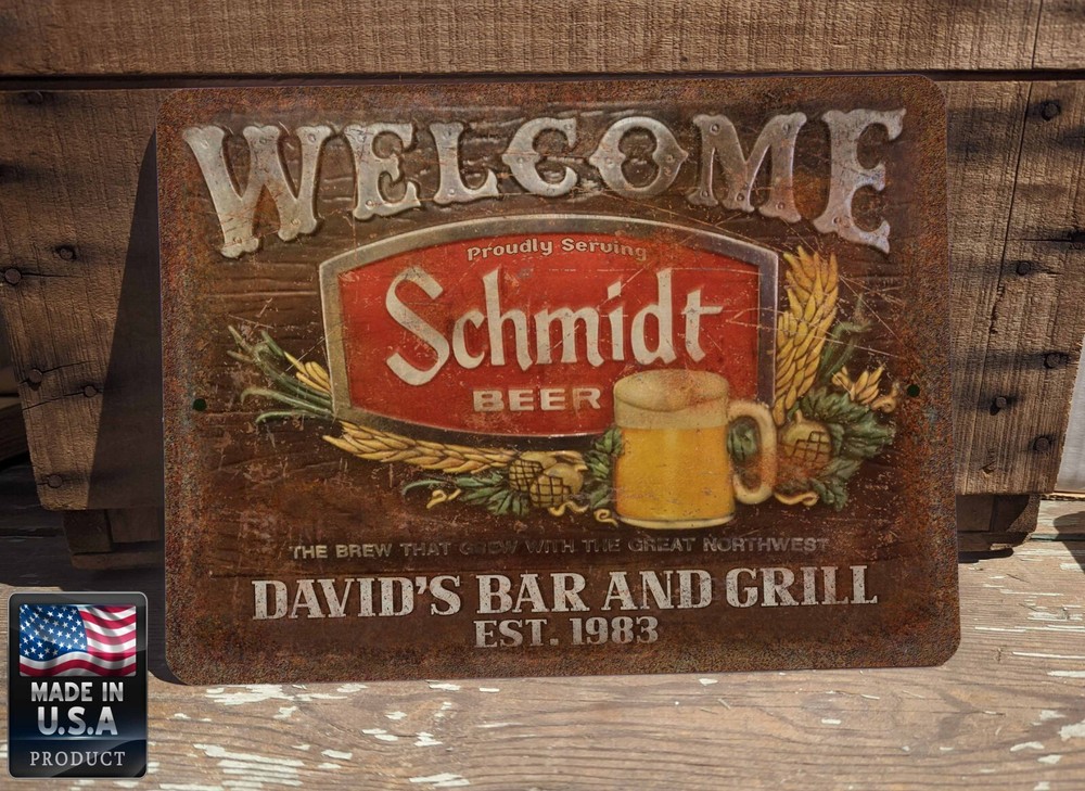 Vintage Schmidt Beer Distressed Metal Bar Sign - 9x12 Personalized Welcome Decor  -image