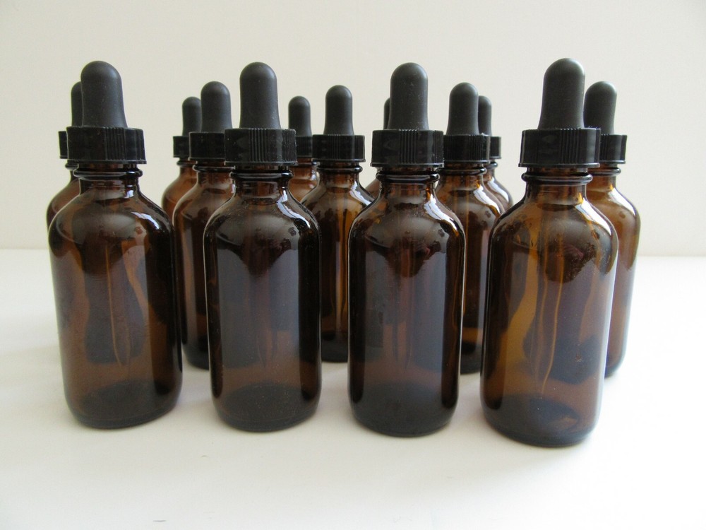 12 Glass Dropper Bottles Glass Pipettes 60 ml 2 oz Amber Brown EUC Homeopathic