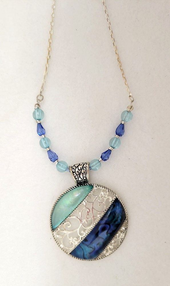 Necklace Round Pendant Blue Green Statement Silver Toned Silver Swirls Resin
