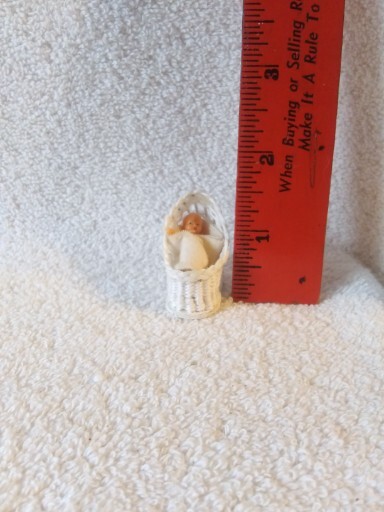 Vintage Tiny Dollhouse Miniature Baby in Cradle/ Bassinet