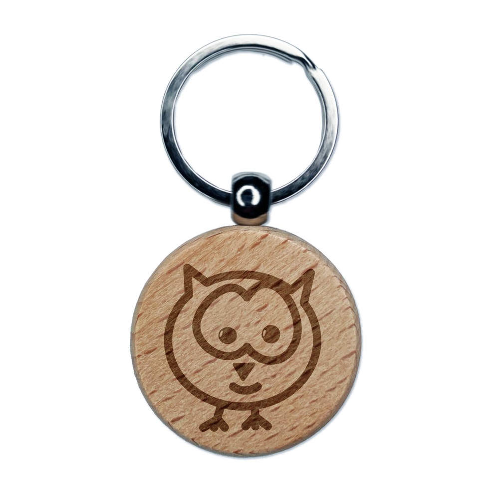 Owl Doodle Engraved Wood Round Keychain Tag Charm
