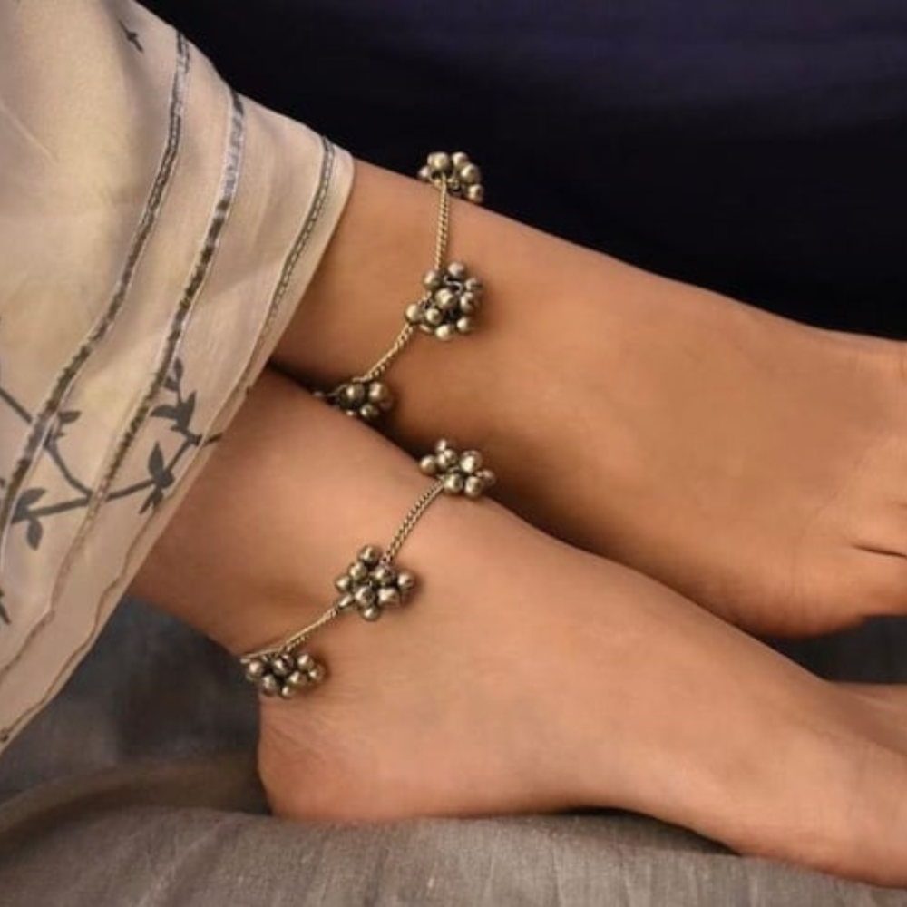 ANKLET BRACELET SILVER PLATED PAYAL SET BOLLYWOOD Fashion INDIAN JEWELRY po6-image