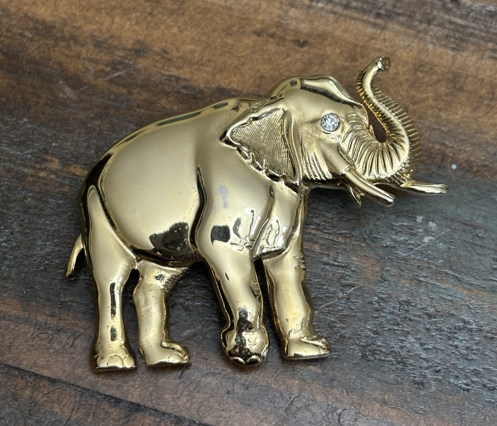 Vintage Park Lane Elephant Brooch Pin Gold Tone Metal Rhinestone Eye Signed