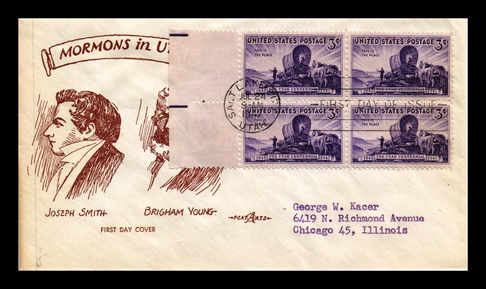 DR Jim Stamps Utah Centennial FDC Scott 950 Block 4 Pent Arts Cachet