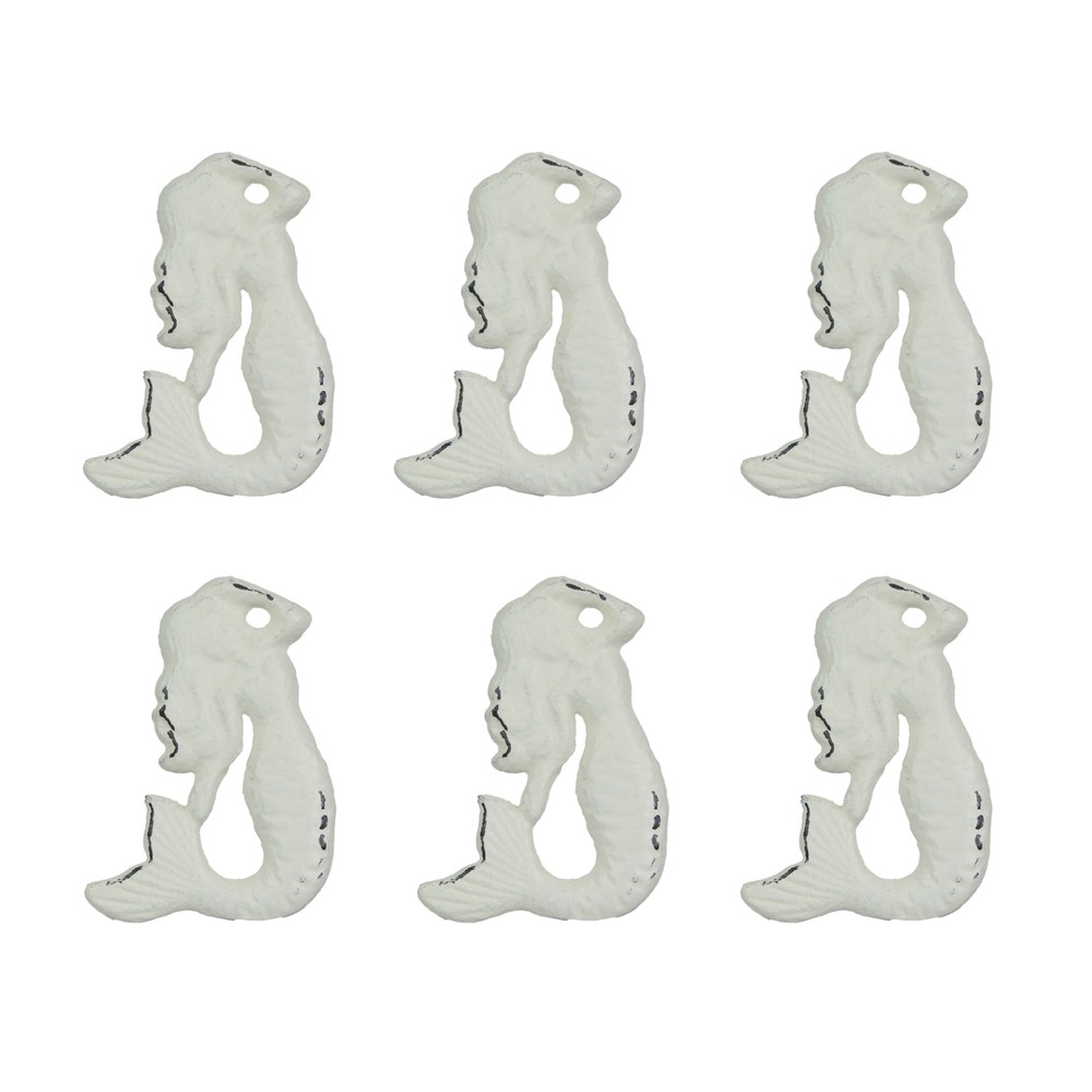 Set of 6 White Painted Cast Iron Mermaid Drawer Pull Rustic Furniture Decor Knob