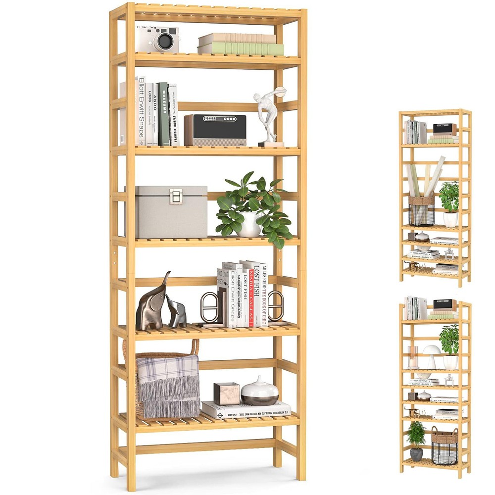 6-Tier Bamboo Bookshelves and Bookcases, Adjustable 63.4”Tall Shallow Book Sh...
