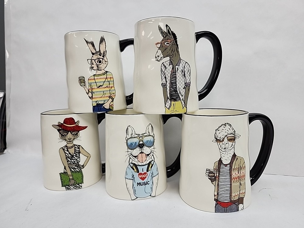SET of 5 Novelty Stoneware Mugs Signature Animal Characters Drinkware Coffee