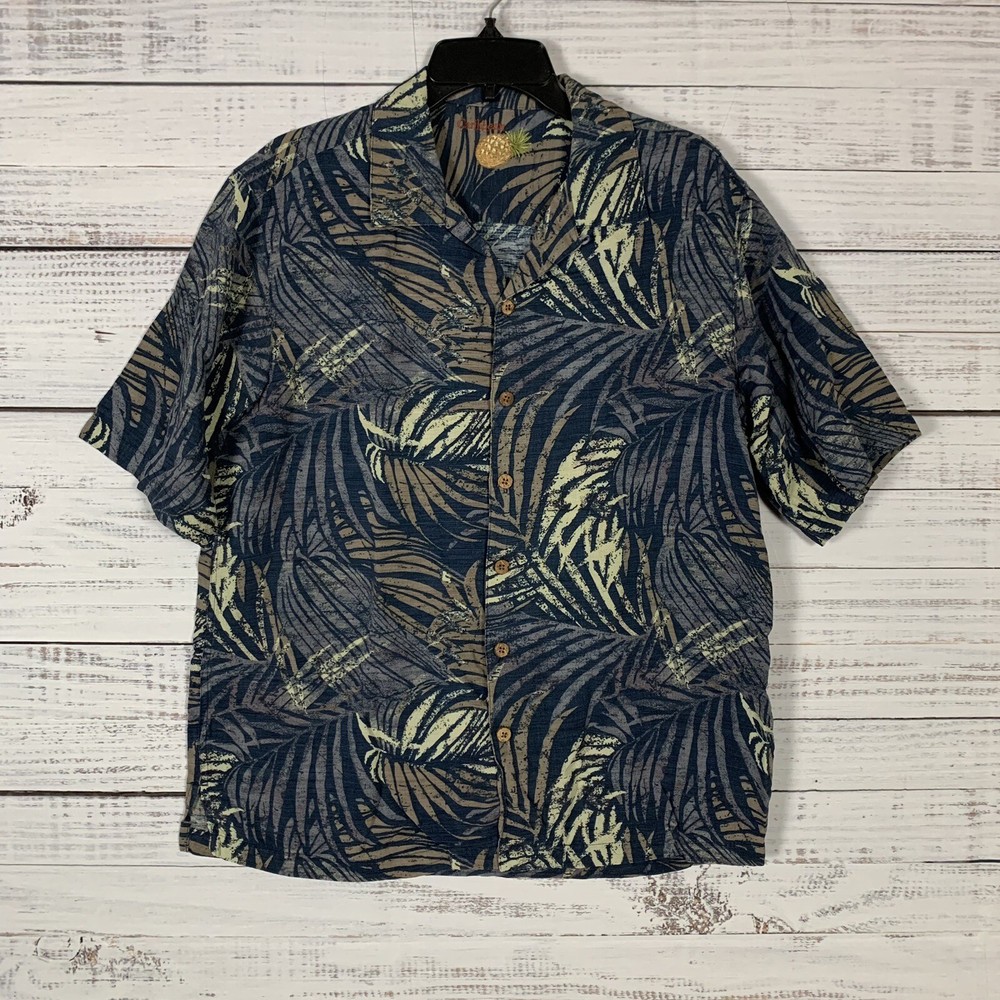Men's Medium Blue Caribbean Loop Collar Hawaiian Shirt in Silk Rayon with Tree Palms Print