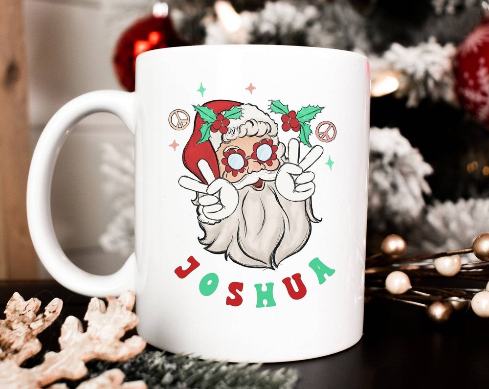 Custom Christmas Mug with Santa Peace Sign Flower Power Design-image