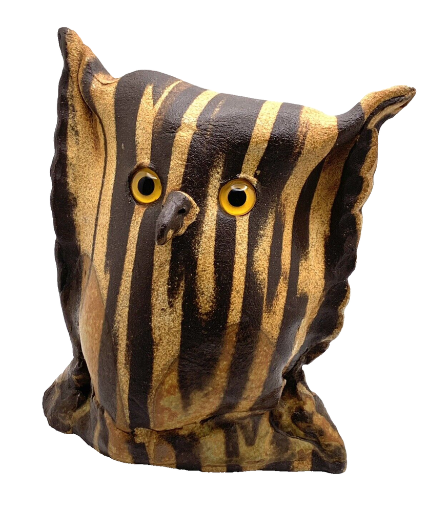 vintage owl figurine brown striped ceramic glass eye 6.5x5.5x4