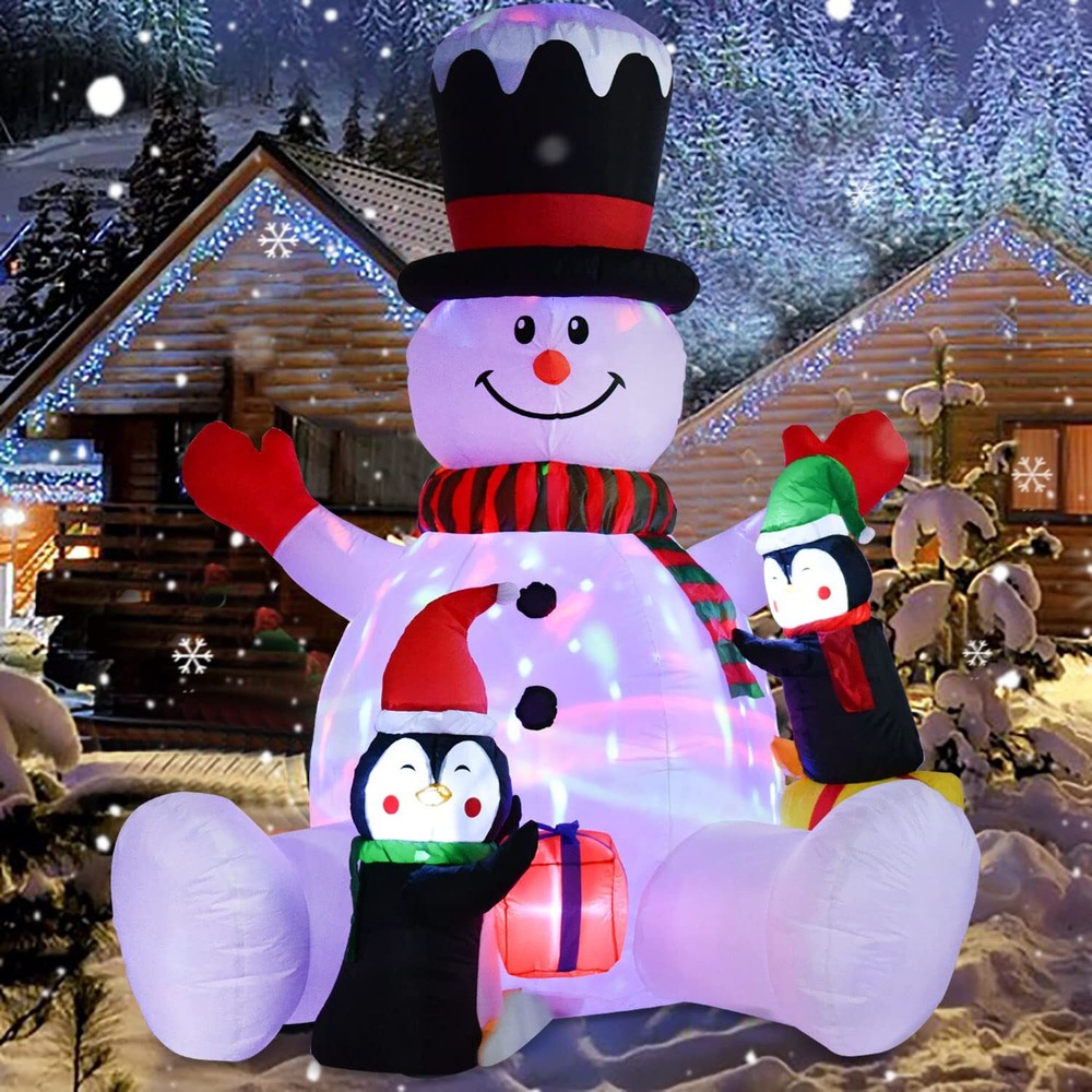 7ft Inflatable Christmas Snowman with Penguins, Rotating 7 Color Changing Led...