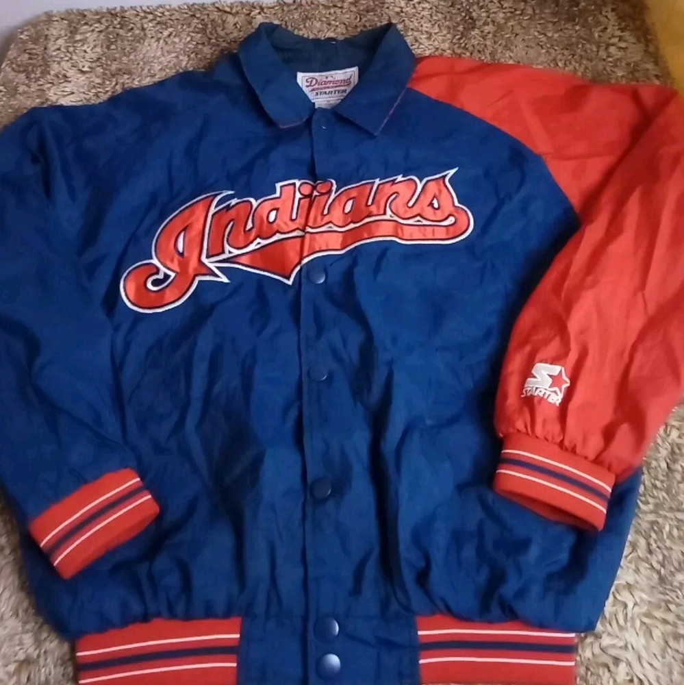Vintage 90s Starter Diamond CLEVELAND INDIANS Nylon Snap Bomber Jacket Mens Sz M