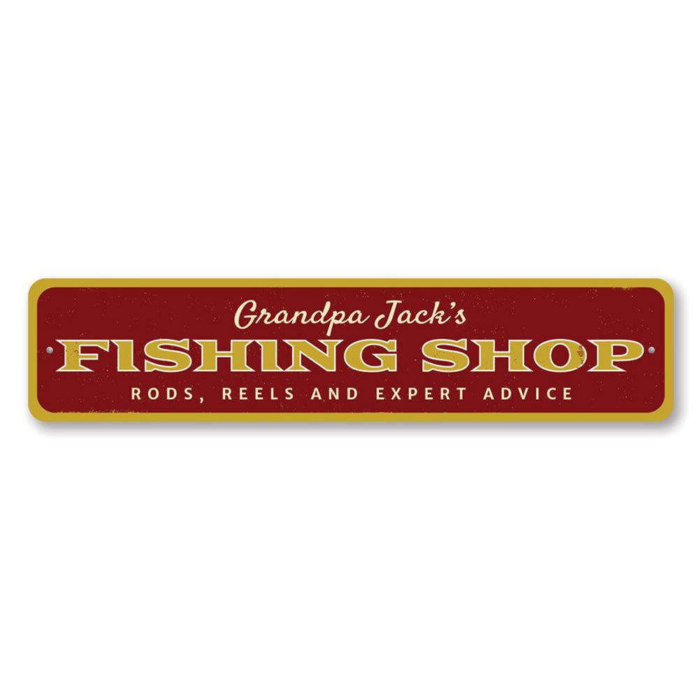 Fishing Shop Sign, Personalized Fisherman Name Sign, Rods Reels Metal Decor Sign