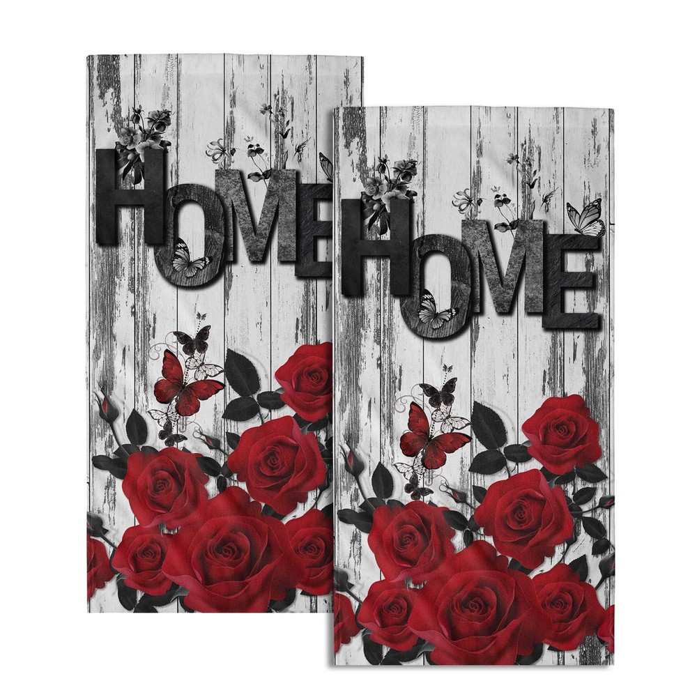 Red Rose Hand Towels Set of 2 Soft Floral Bath Towels