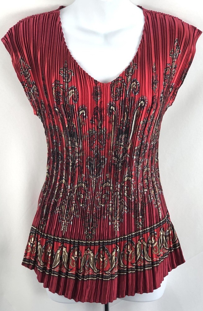 Cato Satin Babydoll Top S Red Regal Geo Retro Pleated Scoop V-Neck Whimsigoth