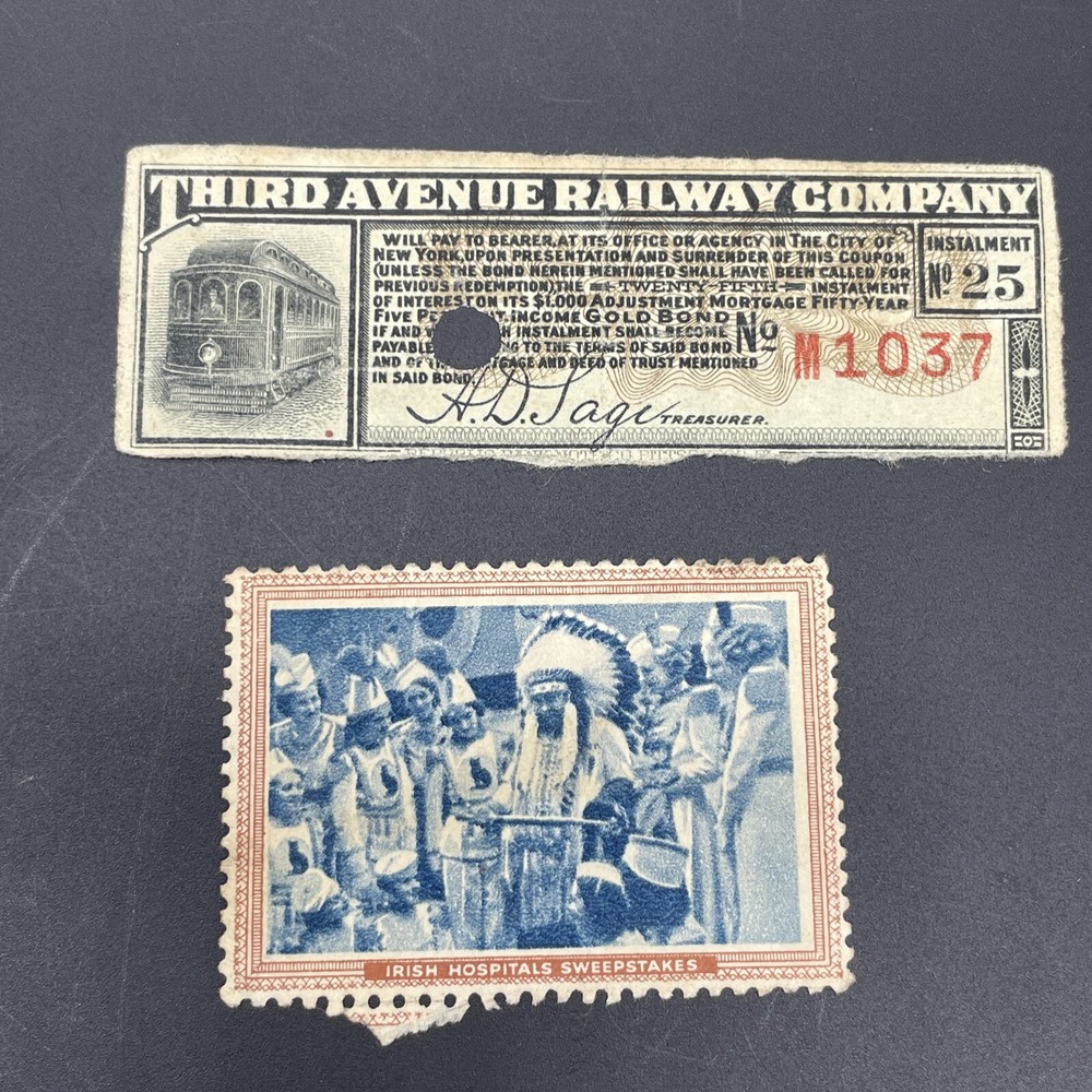 Third Avenue Railway Co. gold bond installment ticket New York City plus stamp-image