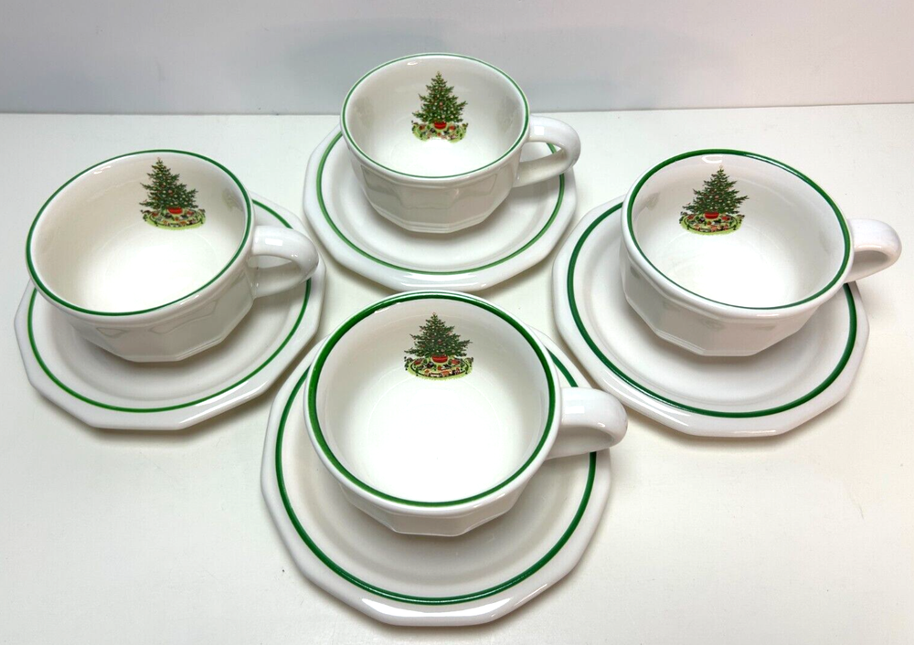 PFaltzgraff Christmas Heritage 4-Piece Cup and Saucer Set with Xmas Tree Train Design for Coffee Tea Cocoa