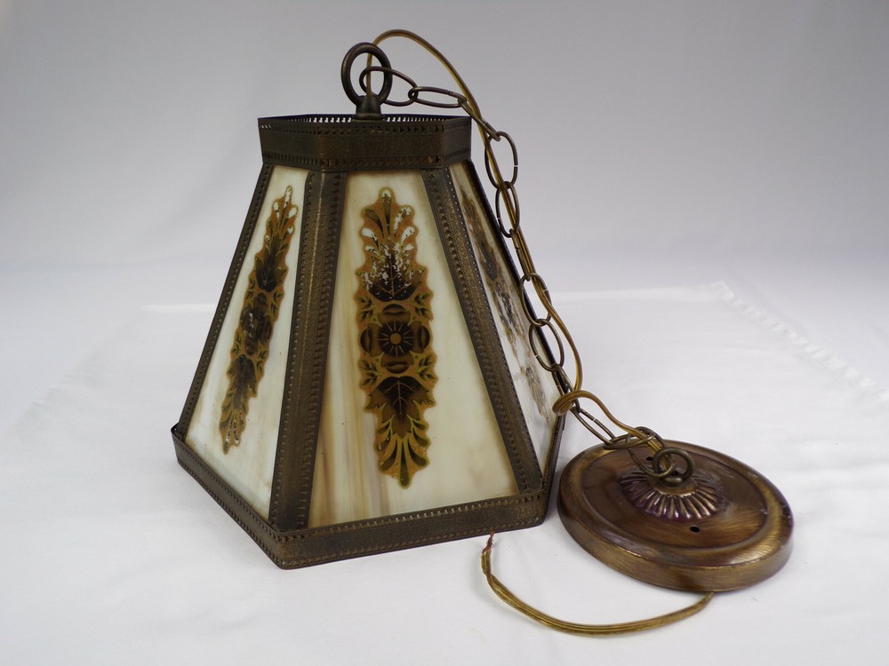 Antique Vintage Lavery Hanging Light Punched Brass Frame Amber Glass 6 Panel b23