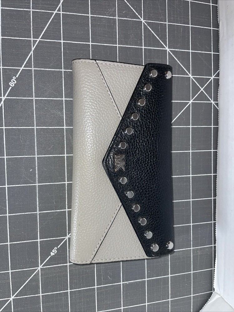 Michael Kors Black Grey Leather Envelope Trifold Wallet Silver Studs
