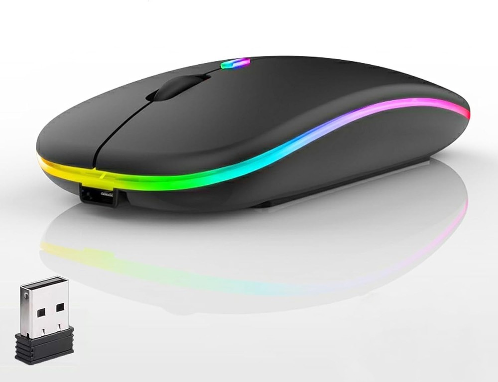 Slim Silent LED Wireless Mouse with Dual-Mode 2.4G BT Rechargeable 7-Color Black
