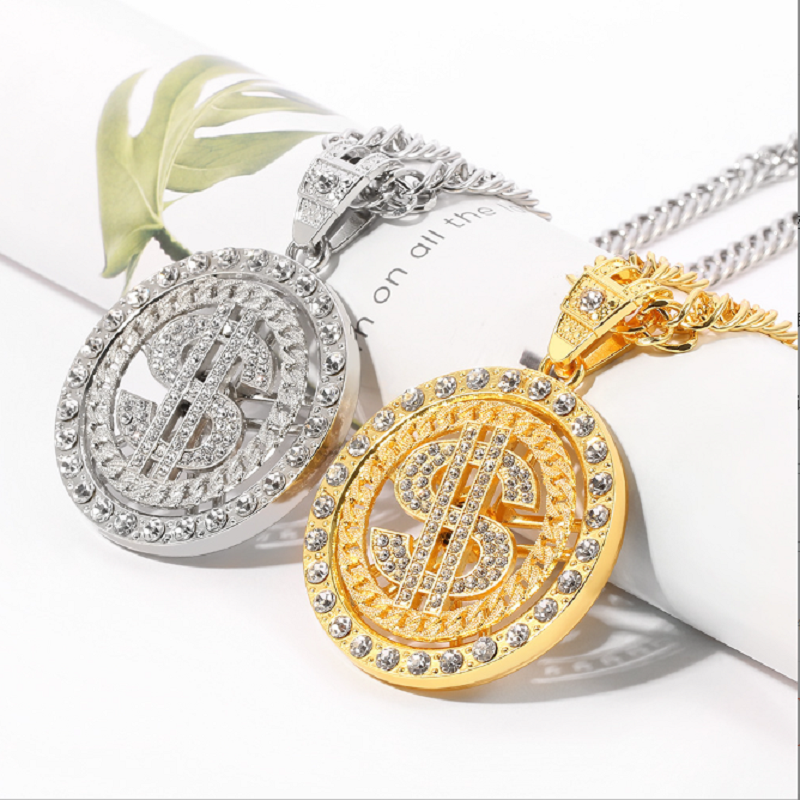 Fashion Hip Hop Rotatable Dollar Necklace Dollar Sign Extra Long Cuban Chain70cm