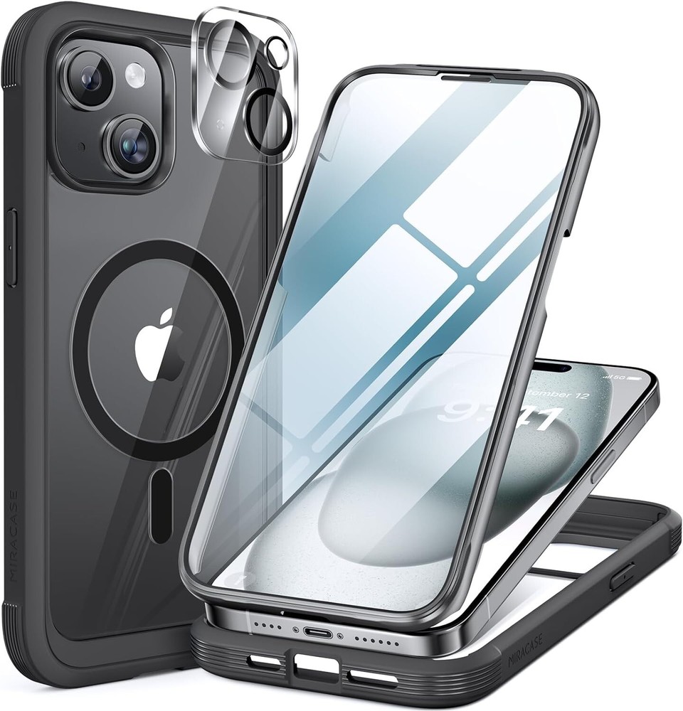 iPhone 15 Case Full-Body Magnetic Bumper Case with Built-in 9H Tempered Glass