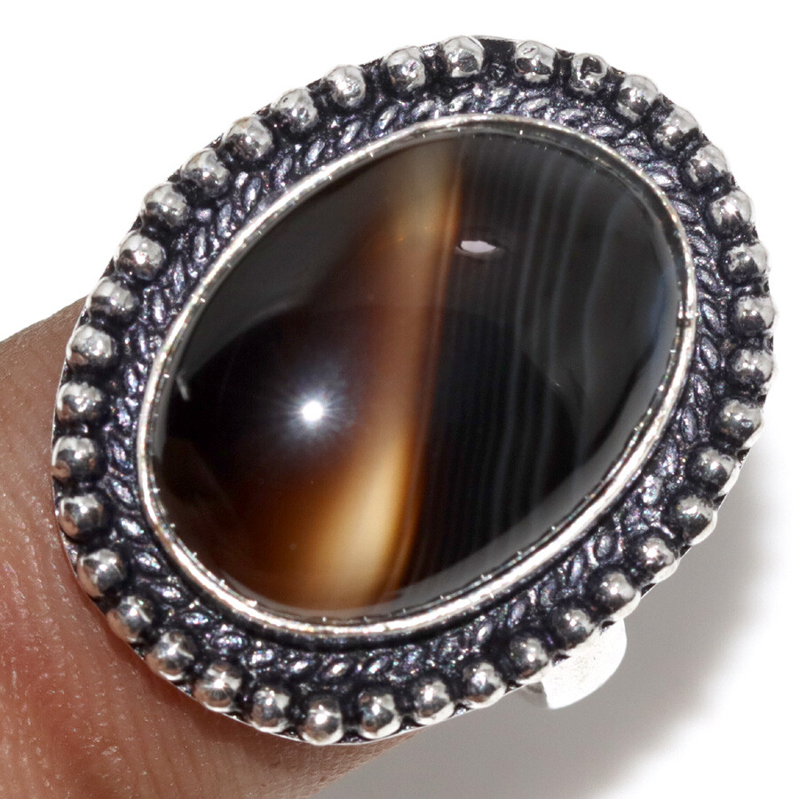 Banded Black Onyx 925 Silver Plated Gemstone Ring US 7.5 Ethnic Gift JW