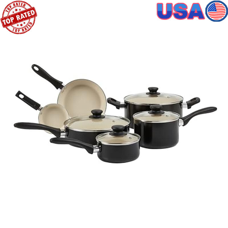 11-Piece PFOA-Free Ceramic Nonstick Cookware Set in Black & Cream