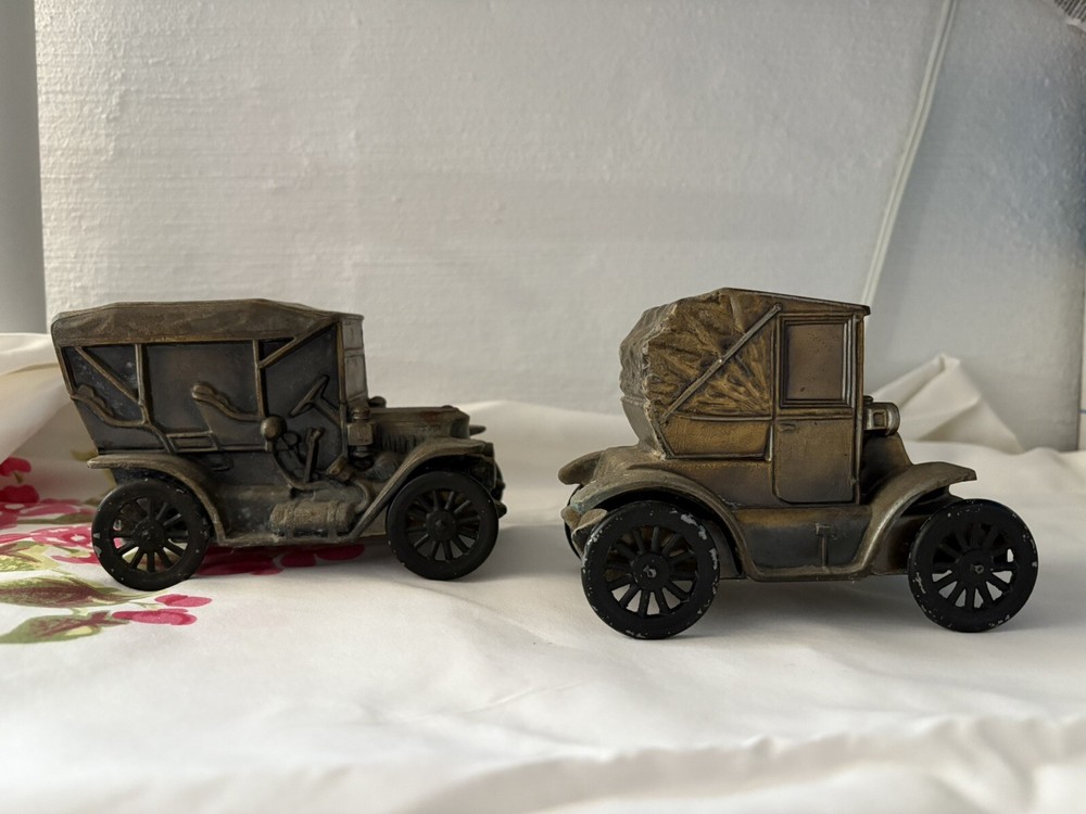 Lot of 2 Vintage Heavy Metal Car Coin Banks With Bank Advertisements