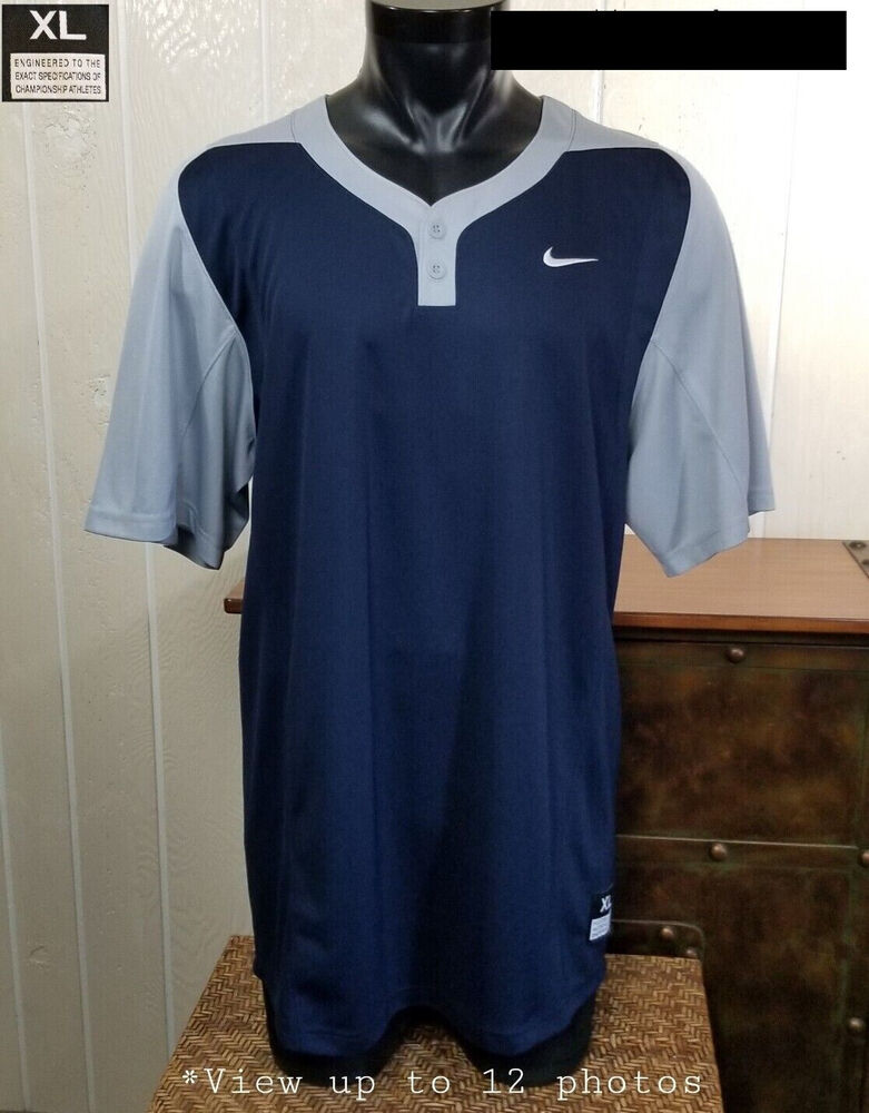 Nike Dri-Fit 2 Button Athletic S/S Navy Blue Gray Activewear Shirt Top Sz XL