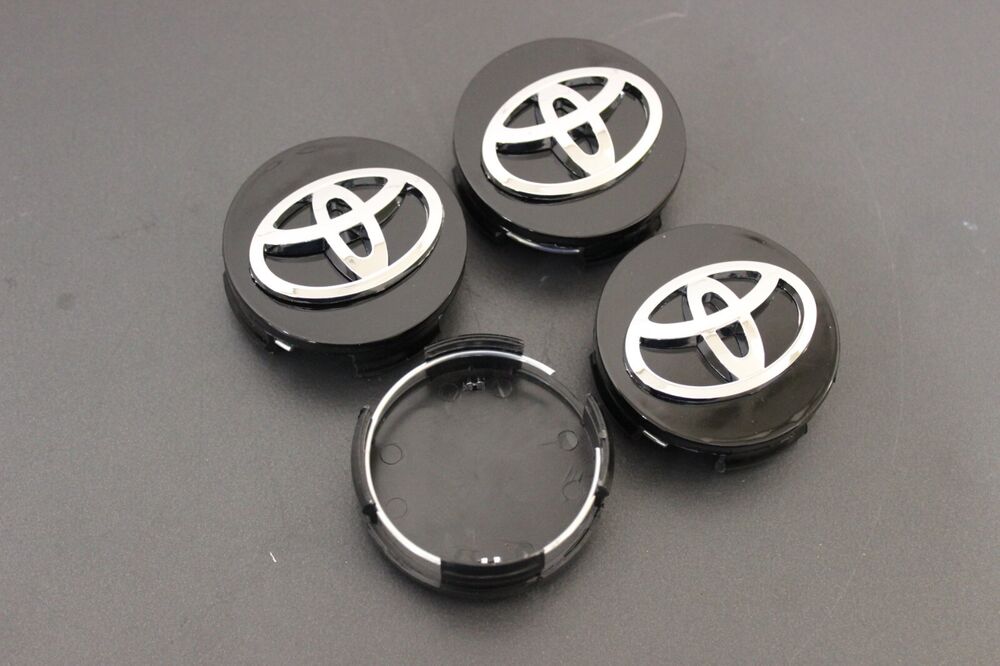 (4) TOYOTA WHEEL RIMS CENTER HUB CAP CAPS BLACK BASE CHROME LOGO 62MM CAMRY