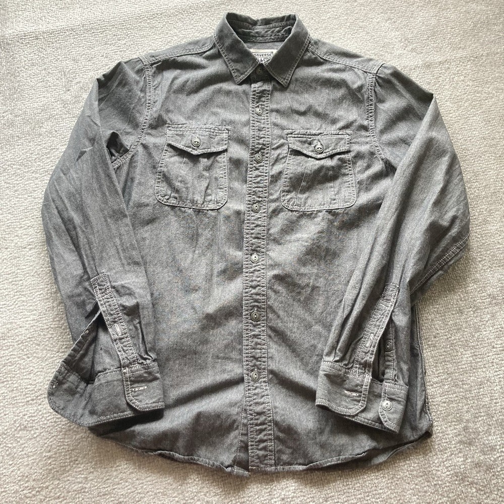 Converse Mens Black One Star Button Up Long Sleeve Shirt Medium Canvas Pocket