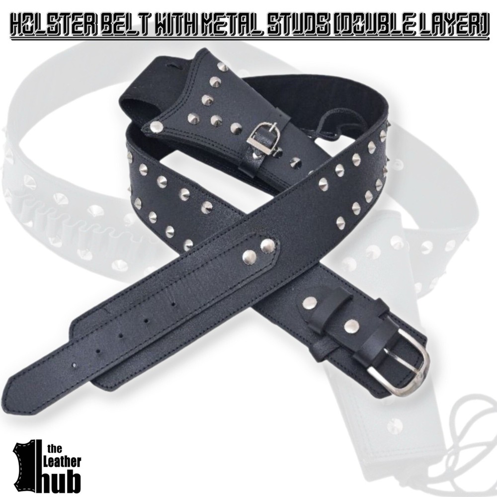 Black Leather Punk Cowboy Holster Belt with Conical Studs for Revolver