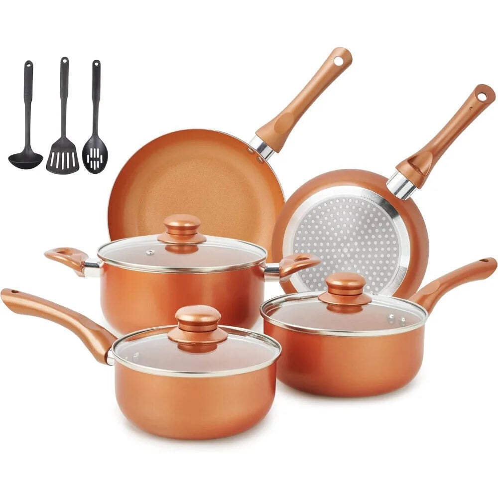 Pots and Pans Set Ultra Nonstick, Pre-Installed 11pcs Cookware Set Copper with C