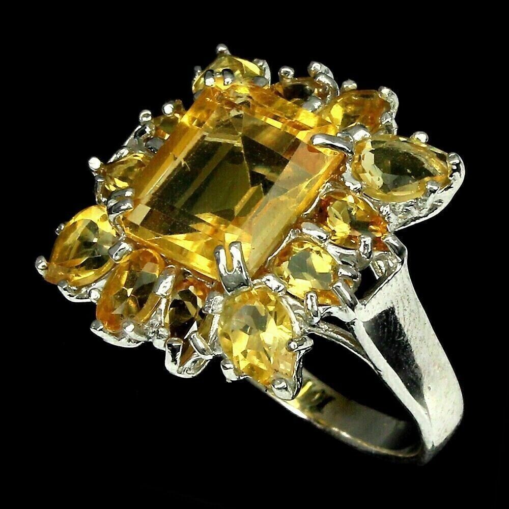 Silver Ring with Golden Yellow Citrine Genuine Gem in Solid Sterling Size 9