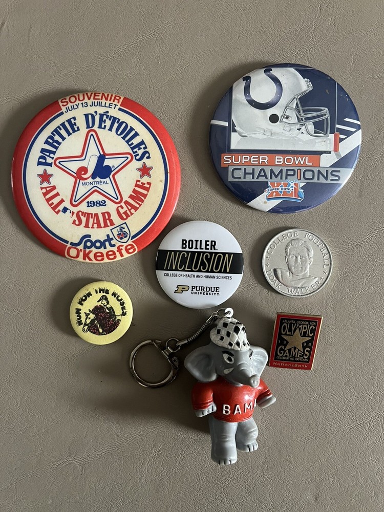 Lot Of 8 Sports Pinback Buttons, Coin, Keychain Expos Colts Purdue Derby Bama