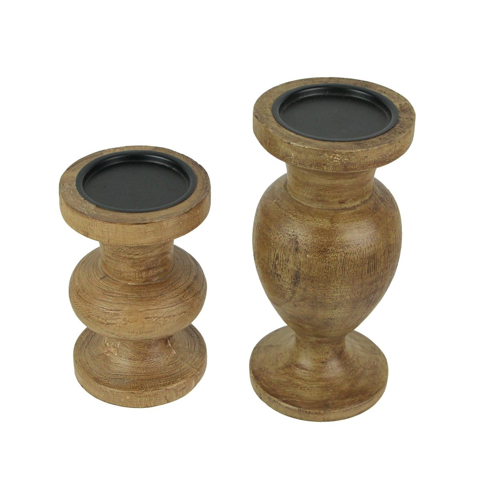 Set of 2 Wood and Metal Pedestal Candle Holders for Votives or Pillars