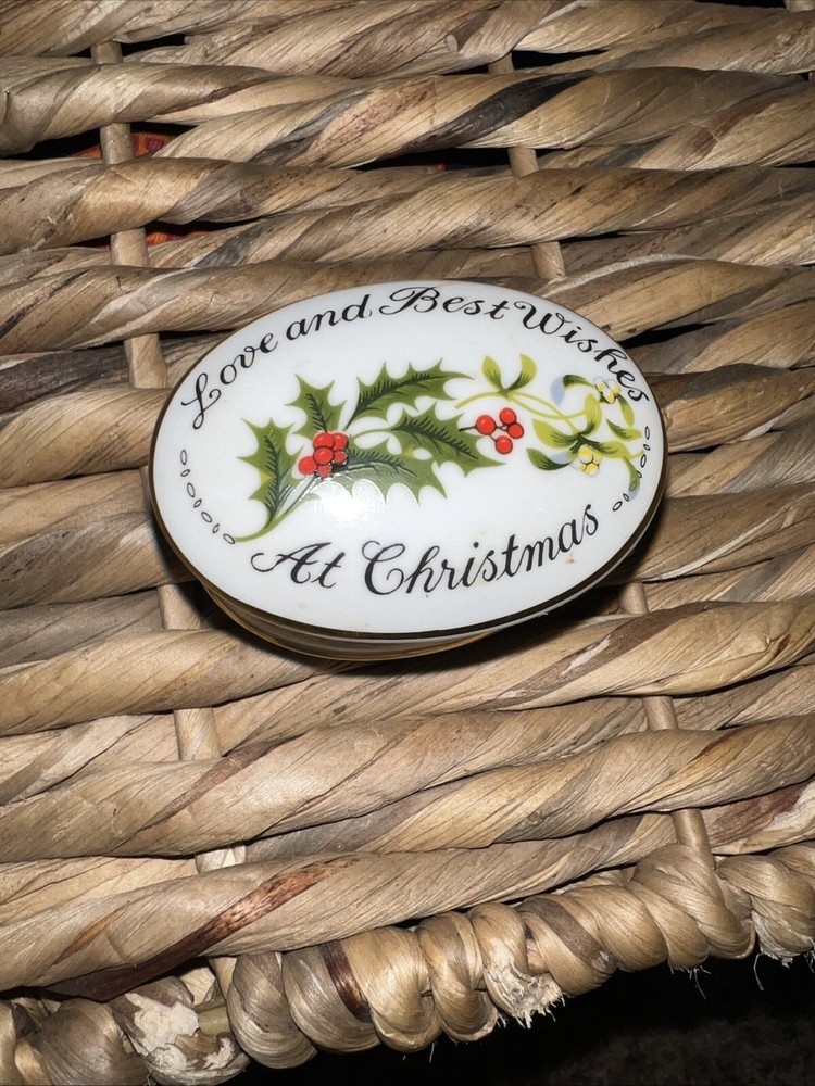 Crown Staffordshire Bone China Love & Best Wishes Christmas Oval Trinket Box+Lid