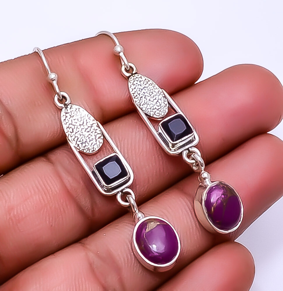 Copper Purple Turquoise & Black Onyx 925 Sterling Silver Earring 2.11