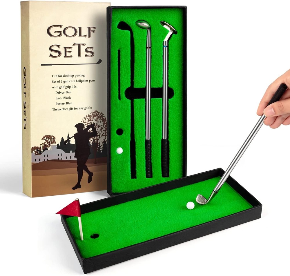 Desktop Golf Pen Set Mini Putting Green Juboury Gift 3 Club Pens 2 Balls
