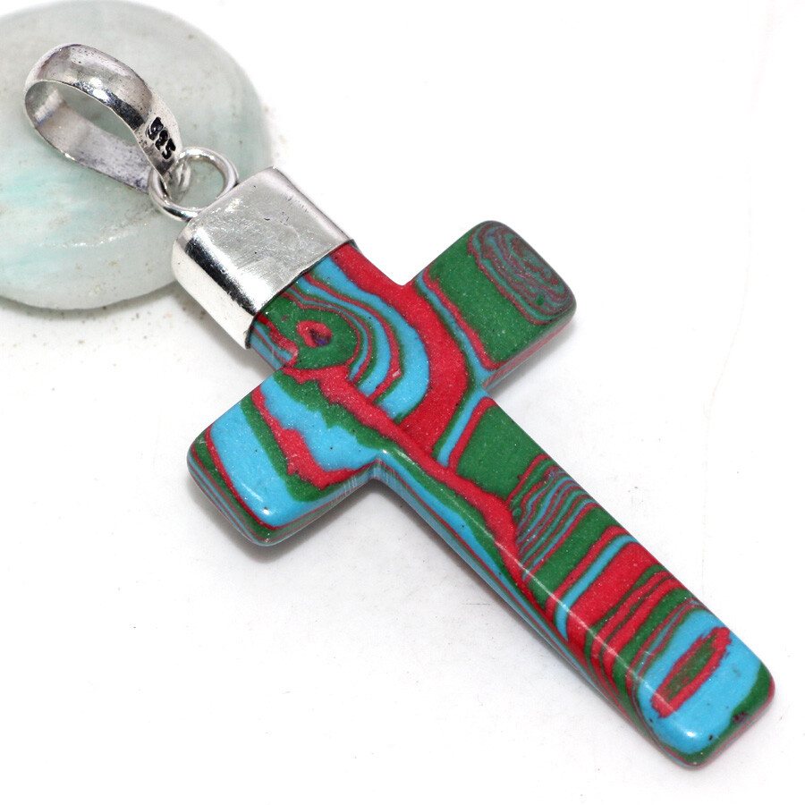 Mosaic Jasper 925 Silver Plated Cross Gemstone Pendant 2.5