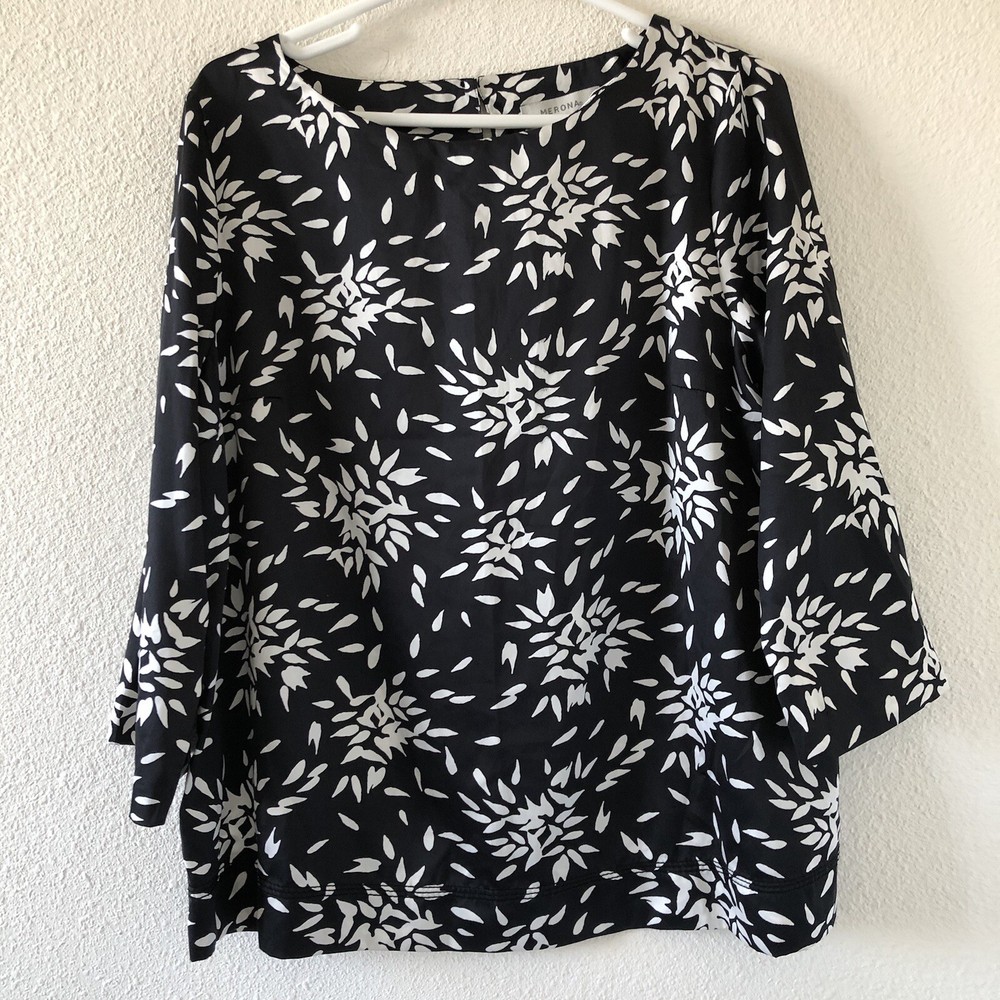 Morona black and white floral peddle print blouse size XL
